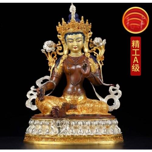 Wholesale Buddhist supplies High grade gilding gold Green Tara Guanyin Buddha Avalokitesvara statue HOME protection 31CM Large