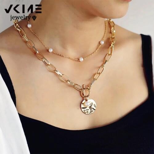 VKME Punk Coin Chain Necklace For Women 2 Pcs / Set Gold Color Pearl Bead Choker Gothic Multilayer Pendant Necklaces Jewelry New