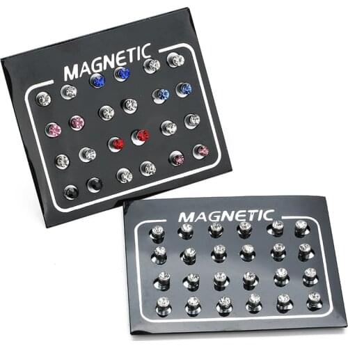 12 Pair/lot 3/4/5/6mm Round Crystal Rhinestone Magnet Stud Earring Puck Womens Mens Magnetic Fake Ear Plug Body Jewelry