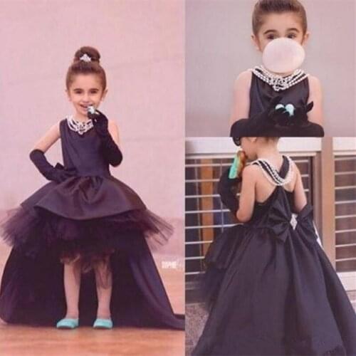 Flower girl Dresses Black Toddler Pageant Skirt High Low Girls Formal Party Gown Jewel Neck Sleeveless Short Front Long Back