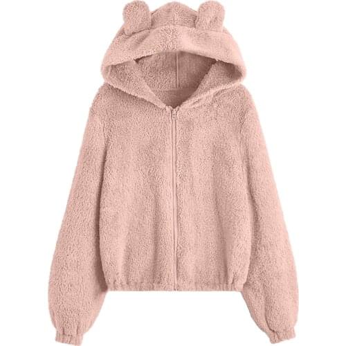 Fluffy Hoodies Women Kawaii Sweatshirt Zip Coat Cute Bear Ear Cap Autumn Winter Warm Long Sleeve Outwear Fleece Pullover Moletom