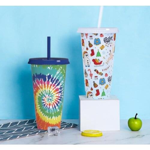 710 Ml PP Thermochromic Christmas Mug Reusable Straw Cup Coffee Juice Straw Mug Outdoor Portable Plastic Cup For Kids & Adults