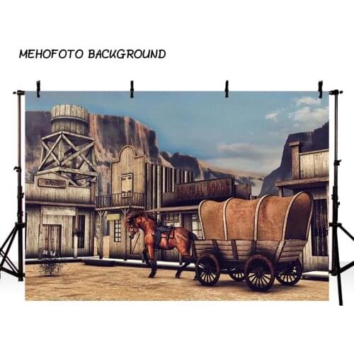 US Colorful Wild Western Scenery Horse Bank Cowboy Saloon Scenery Children Photography Background Custom Backdrop Photo Studio