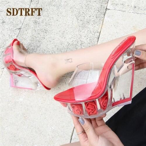 SDTFET shoes moman Slipper Transparent PVC zapatos mujer crystal Flowers Platform Crossdresser 14cm Wedges Sandals sexy Pumps