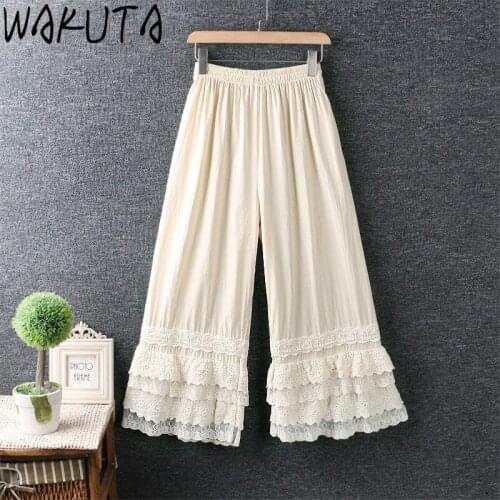 WAKUTA Thin Wide Leg Pants Women Japanese Fashion Spring Summer Sweet Multi-layer Lace Elastic Waist Loose White Ankle Trousers