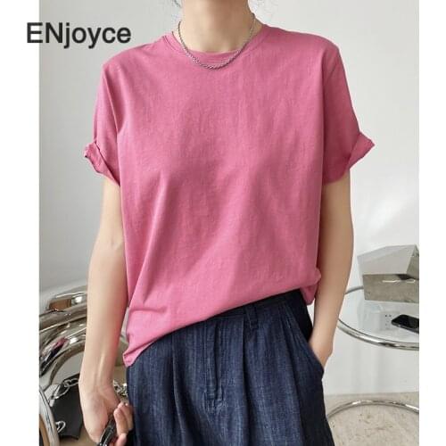 Women Basic Colorful Solid O-Neck Short Sleeve T-Shirt Korean Style Fashion Pullover Simple Cotton Tee Casual Tops Summer 2021