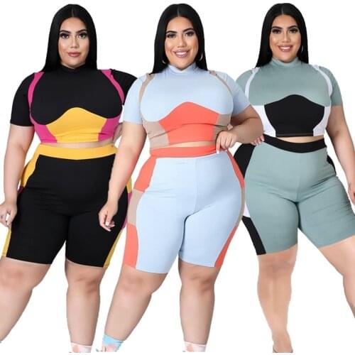 ZKYZWX Patchwork Plus Size Women Clothing Short Sleeve T Shirts Crop Tops Biker Shorts Tracksuit Outfits Sexy Club Matching Sets