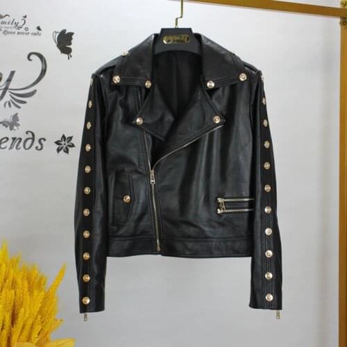 Europe Style Womens High Quality Sheepskin Genuine leather Buttons Biker Jackets C914