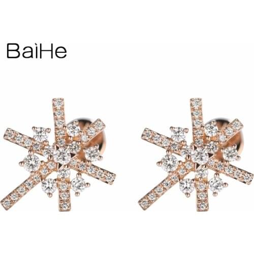 BAIHE Genuine Solid 14K Rose Gold 0.40ct H/SI Natural Diamonds Earrings Wedding Trendy Fine Jewelry Snow Stud Earrings Women