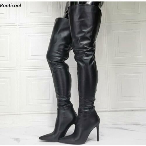 Ronticool New Fashion Women Winter Thigh High Boots Back Zipper Sexy Thin High Heels Pointed Toe Black Shoes Women Us Size 5-15