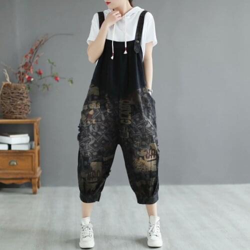New Women Denim Jumpsuits Spring Summer Vintage Bleached Washed Print Patchwork Female Retro Ankle-Length Bodysuit Fashion