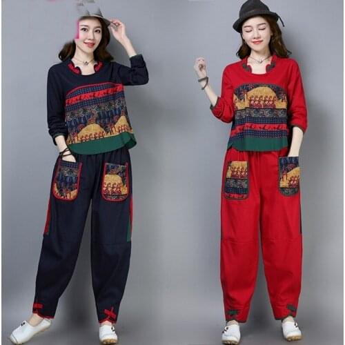 Ethnic Vintage Outfits For Women Hanfu Pocket Pants And Top Two Piece Set 2019 Spring Female Traditional Chinese Clothing TA1591