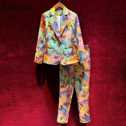 Svoryxiu 2020 Autumn Winter Designer Fashion Two Piece Set Womens Colorful Chain Print Blazer + Pants Elegant Twinset