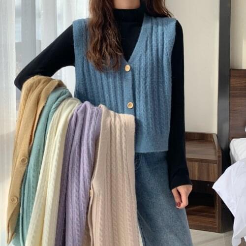 Gkfnmt V-Neck Single-breasted Camel Sweater Cardigan For Women 2020 New Autumn Loose Sleeveless Knitted Vest Female Outerwear