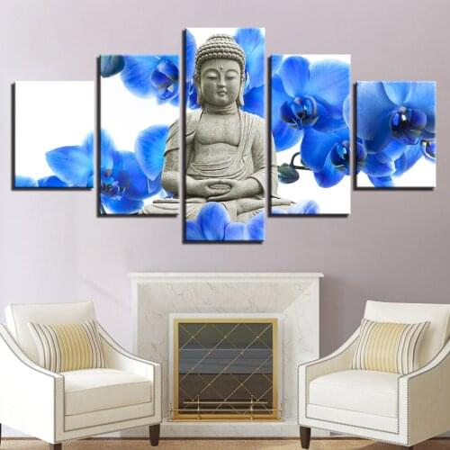 5 Pieces Buddha Statues Posters And Prints Modern Zen Flower Wall Art Om Symbol Canvas Painting Yoga Pictures For Living Room