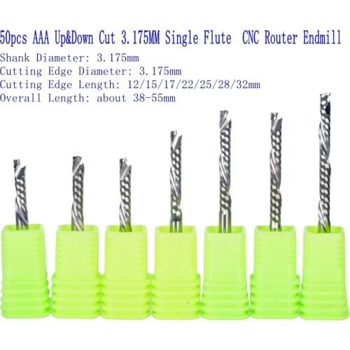 50Pcs 3.175mm UP & DOWN Cut Single Flutes Spiral Carbide Mill Tool Cutters for CNC Router, Compression Wood End Mill Cutter Bits