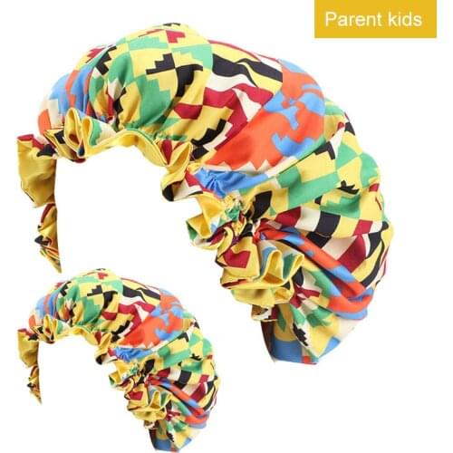 Mommy and Me Satin Bonnet Double Layer African Pattern Print Silky Bonnet Women Sleep Cap Baby Girl Hair Care Cover Accessories