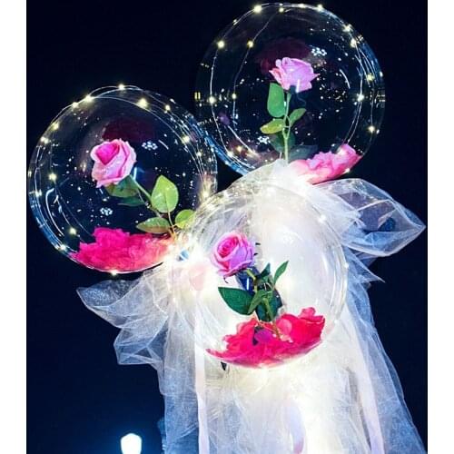 Luminous Balloon Rose Bouquet Led Light Up Bobo Ball with Rose 20 Inch Glow Bubble Balloons with String Lights LBV