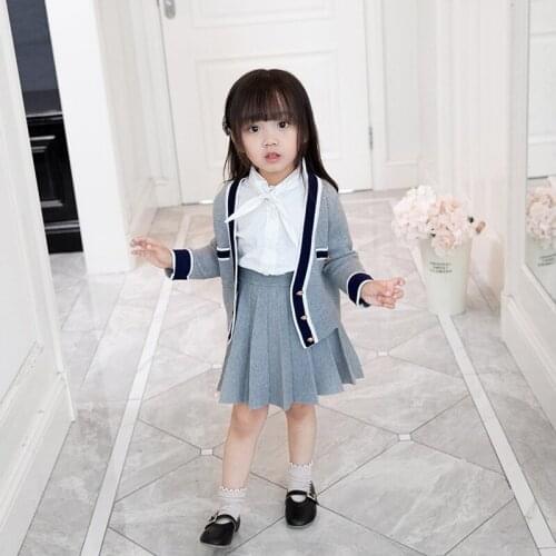 Girls Kids Winter Clothes Kids Long Sleeve Knit Cardigan Jacket + Pleated Skirt 2 Piece Suit Suit 2-6 Years