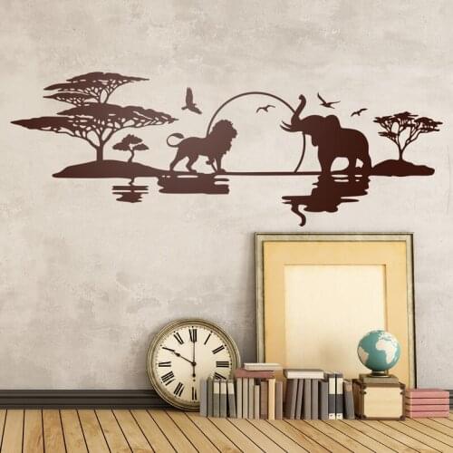 Art design savannah skyline cheap home decoration vinyl Elephants lions birds wall sticker house decor landscapes decal WL1613