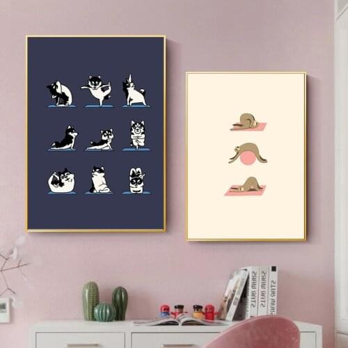 Cute Animal Yoga Actions Wall Art Canvas Painting Dog Cat Lovely Poster Modern Home Decorative Pictures Living Room Kids Room