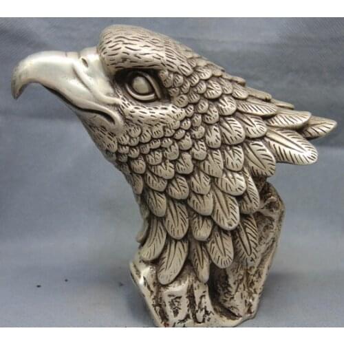 Collectible bronze lion statue S0223 China White Copper Silver Feng Shui Evil Hawk falcon Eagle Bird Head Art Statue