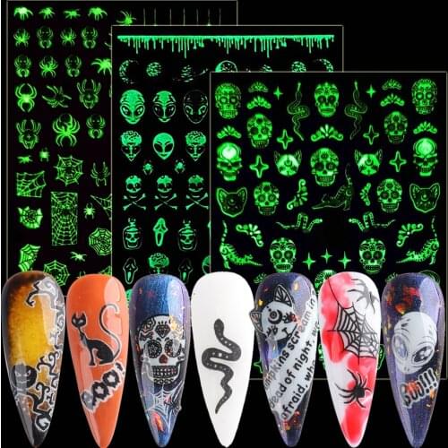 Snakes Skulls ET Nail Stickers Halloween Luminous Tattoo Cartoon Self Adhesive Decal Manicure Nail Accessories NLCY046-054