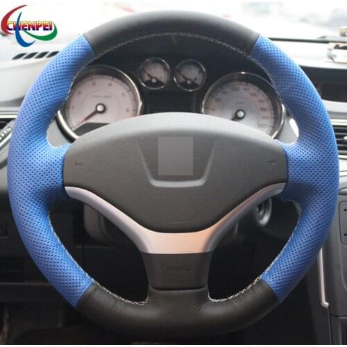 DIY Hand-stitched Non-slip Blue Black Leather Steering Wheel Cover For Peugeot 308 2012-2015 408 2013 Car Interior Accessories