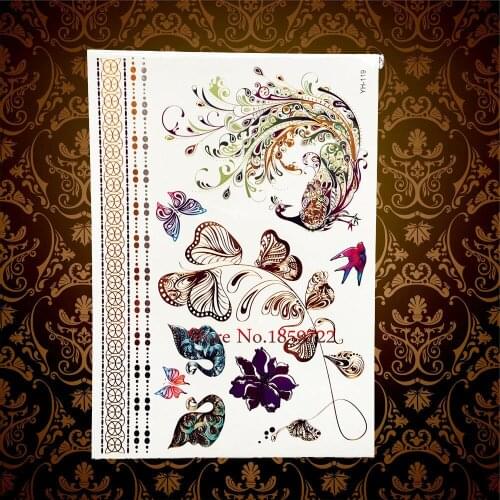 New Arrival Peacock Henna Gold Flower Temporary Tattoo Stickers HY119 Women Flash Metallic Waterproof Tattoo tatouage taty Tatoo