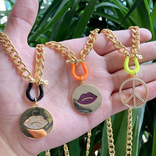 High Quality 18k Gold Plated Lips Pendant Necklace Jewelry Custom Rainbow Round Cz Tennis Necklace