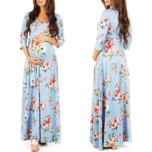 Floral Print Bottoming Dresses Maternity Clothes For Pregnant Women Dress Belt V-neck Pregnancy Dresses Vestidos Mother Wear