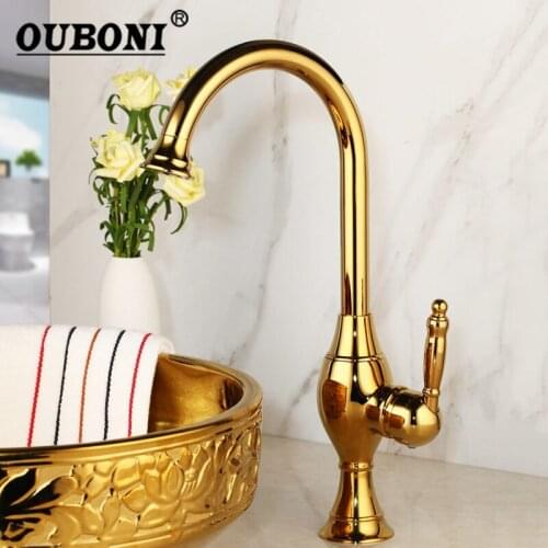 OUBONI Luxury Golden Plated Kitchen Faucet Gold Brass Cold and Hot Mixer Tap Sink Faucet Vegetable Washing Basin Brushed Brass