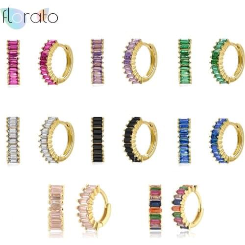 925 Silver Ear Buckle Rainbow Zircon Small Hoop Earrings For Women Turquoise/Lavender/Black/Green/White/Blue Circle Earrings