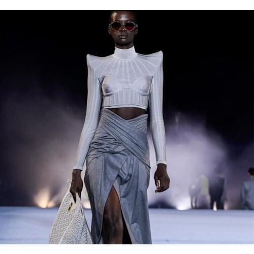 Long Sleeve Bandage Crop Top Black Turtleneck Knitted Short Sheath Tops 2021 Spring Zipper Nightclub Party Clothes