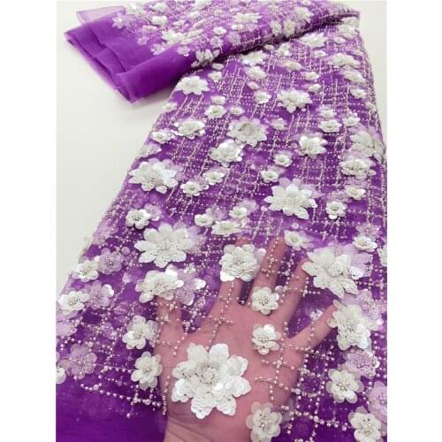 XIYA 2021 Purple Color French Mesh Tulle Lace Embroidery Groom Beads With Sequins Mesh Lace Fabric Dress NI5062-1
