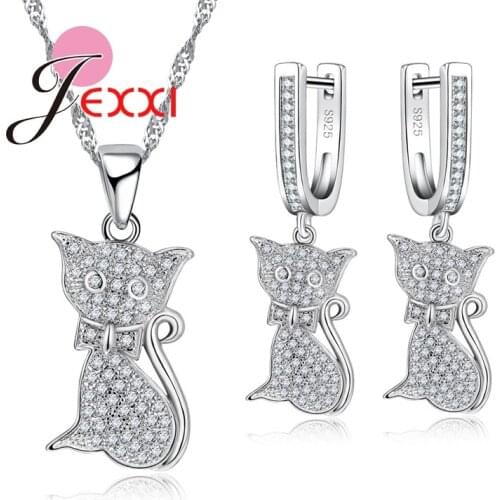 Cute Animal Jewelry Sets Shiny CZ 925 Sterling Silver Pretty Cat Pendant Necklace & Earrings Set Wholesale