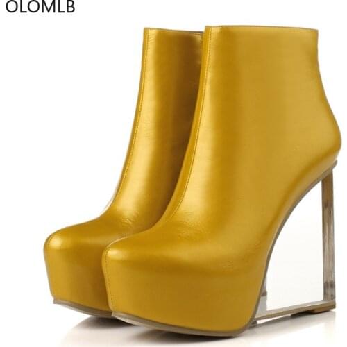 OLOMLB Womens Platform Ankle Boots Genuine Leather Side Zipper Clear Transparent Wedge High Crystal Heel Shoes Luxury Plus Size