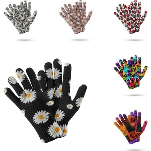 Fashion Daisy Pattern Compression Gloves Winter Touch Screen Sport Glove Thicken Women Men Warm Stretch Knit Mittens Hansker