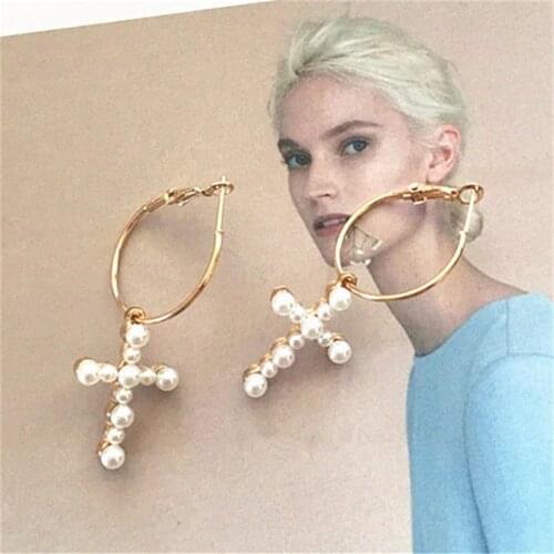 Vintage Gold Color Cross Earrings for Women Imitation Pearl Round Hoop Earrings Fashion Jewelry Party Brincos Gifts