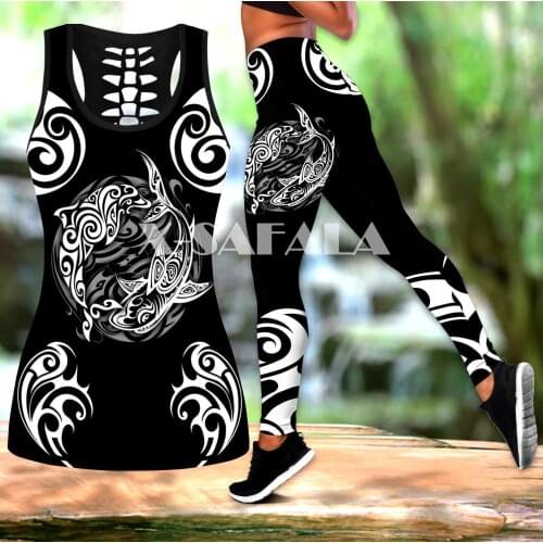 Pohnpei Polynesian Tattoo Turtle Two Piece Yoga Set Women 3D Print Hollow Out Tank Top High Waist Legging Summer Casual Sport-7