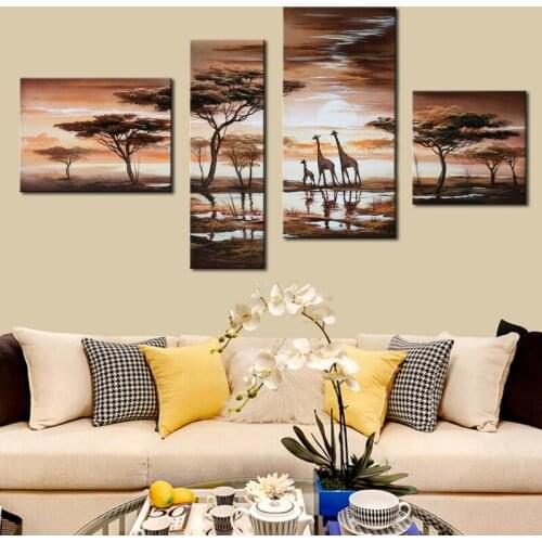 Animal Oil Painting Giraffee African Grassland Landscape Picture 4 Piece Art Sets Animal Canvas Painting Poster Scenery Unframed