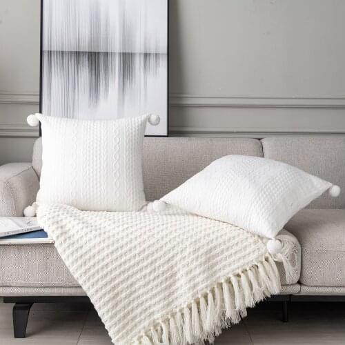 2 Panels White Grey 45x45 Throw Pillow Covers with Pompom Simple Nodic Style Decorative Cushion Cover for Couch Living Room