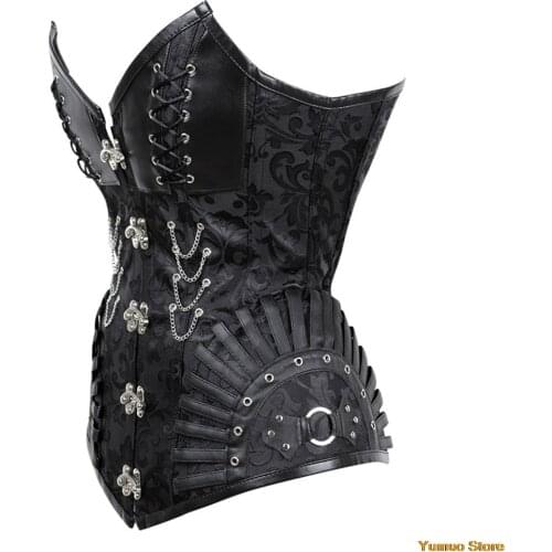 2021 Gothic Faux Leather 14 Spiral Steel Boned Overbust Corset Womens Steampunk Korse Black Goth Sexy Punk Bustiers LaceUp S-2XL