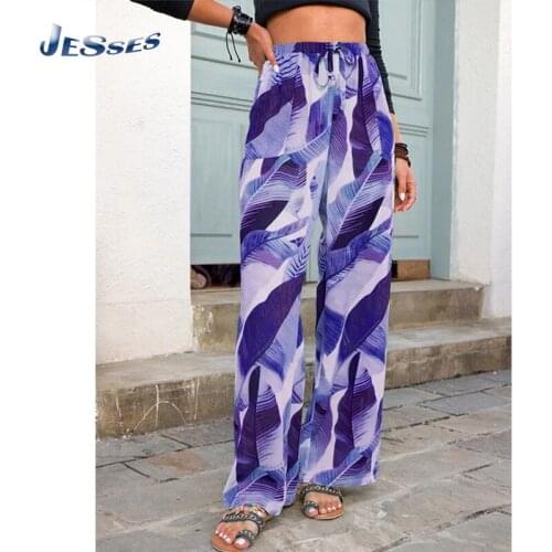 Leaf Printed Wide Leg Pants Elastic Band High Waist Pant New Arrival Women Large Size 5XL Oversize Breathable Home Trouser