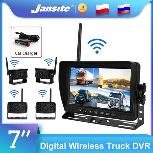 Jansite 7" Digital Wireless Truck Recorder AHD DVR 4-Channel split screen monitor with U Bracket Loop Recording 720P rear camera