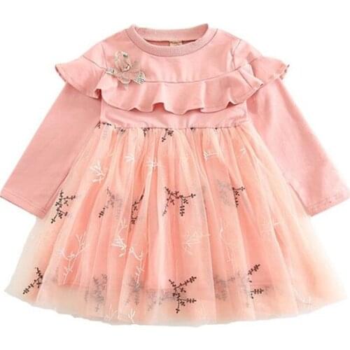 DFXD Toddler Girls Dresses For 2-7Yrs Spring Pink/Blue Full Sleeve Lace Yarn Princess Dress New Kids Clothes Vestidos Party Wear