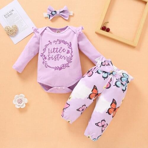 Newborn Baby Girl Fall Clothing Set Letter Print Romper + Butterfly Print Pants + Headband Toddler Girl Outfits Infant Clothes