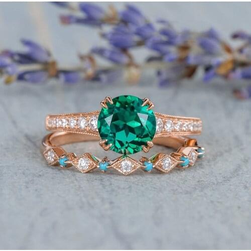 QTT Charms 14K Rose Gold Ring Set For Women Luxury Elegant Green High Quality Zircon Stone 2pcs Stackable Rings Wedding Jewelry