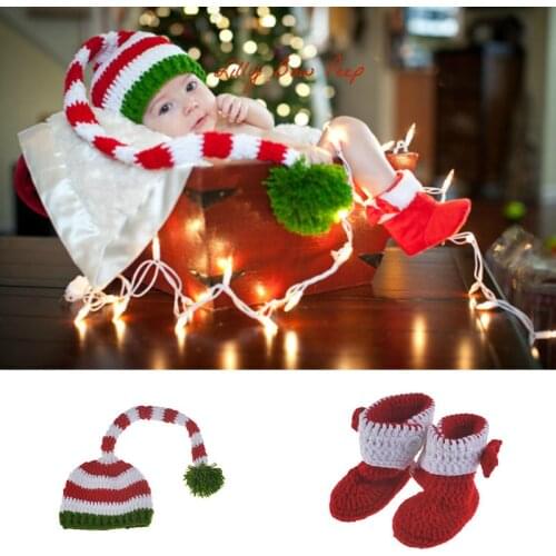 Red Crochet Girls Santa Claus Costume Knitted Baby Elf Hat and Booties Set for Photo Shoot New Born Photography Props Accessory