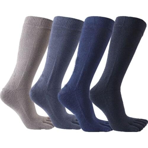 Mens Cotton Socks with Five Fingers Solid Color Calf High Long Tube Business Work Toe Socks Man Soft Breathable Warm Sokken